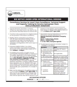 Consultancy Services for Level 2 Dam Surveillance, Technical Support and Capacity Training for Karuma Hydropower Plant;  UEGCL/CONS/2025-2026/23400