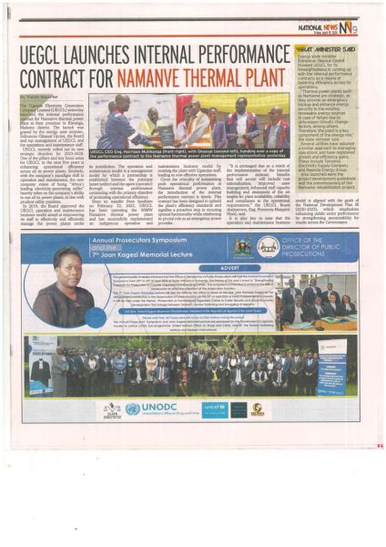 New Vision, April 19, Pg.9: UEGCL launches internal performance contract for Namanve TP