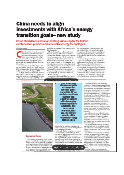 The independent April 19, Pg 15 -16. China needs to align investments with Africa’s energy transition goals
