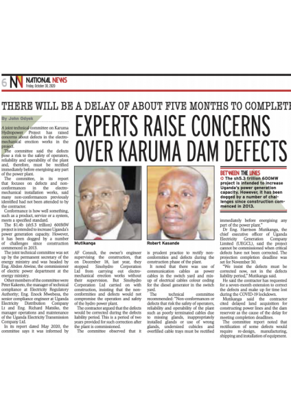 Experts raise concerns over Karuma dam defects