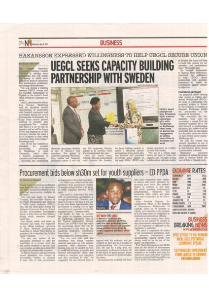 New Vision May 14, Pg.24, UEGCL seeks capacity building partnership with Sweden