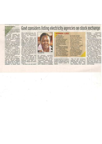 New Vision 08.08 Pg2. Govt considers listing electricity agencies on stock exchange